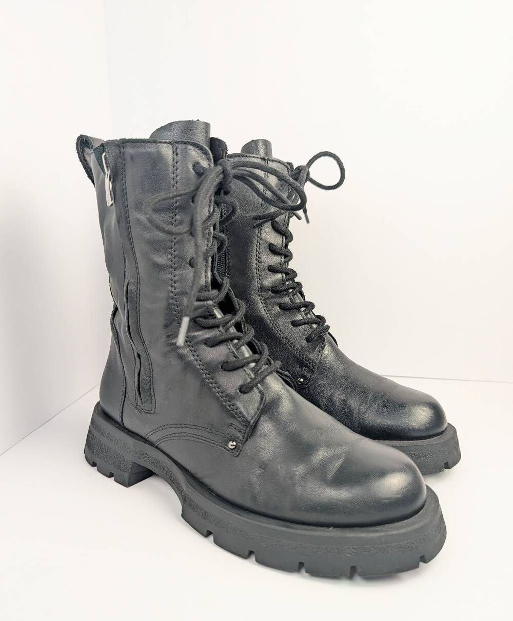 Steve Madden Pledge Black leather combat double zipper lace up chunky boots 8.5